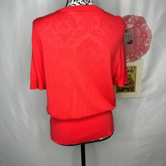 White House Black Market Snap Front Short Sleeve Orange Sweater Blouse Size XL - Picture 4 of 12